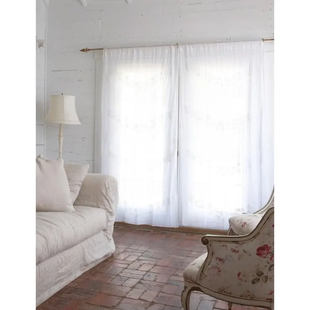 Rachel Ashwell Couture Shabby Chic Pair Curtian Panels Embroidered White 96 x 40